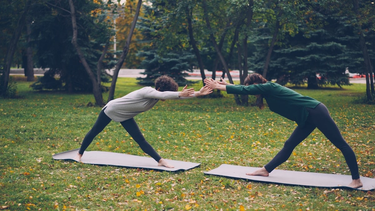 Slim young ladies are training outdoors in park doing hatha yoga together during pair practice and breathing fresh air. Beautiful autumn nature and walking people are visible.